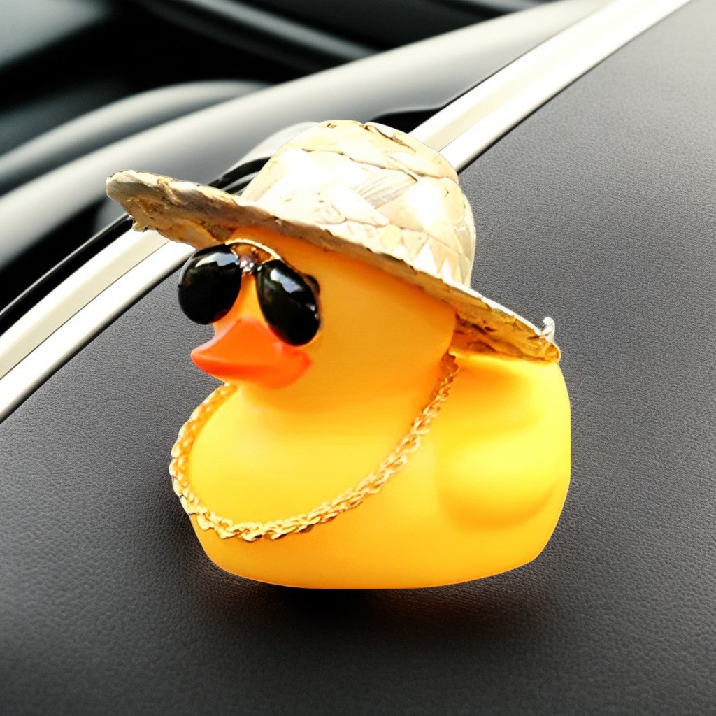 Anypack Car Ornaments Yellow Duck with Straw Hat Gold Chain