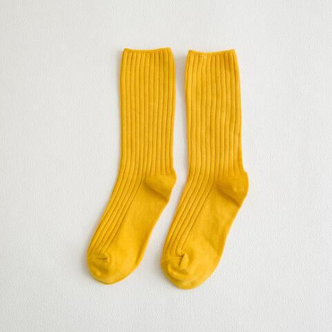 Anysox 5 Pairs One Size 36-43 Yellow Retro Long Knitted Socks Cotton Autumn Winter Solid Color Women Student Girls