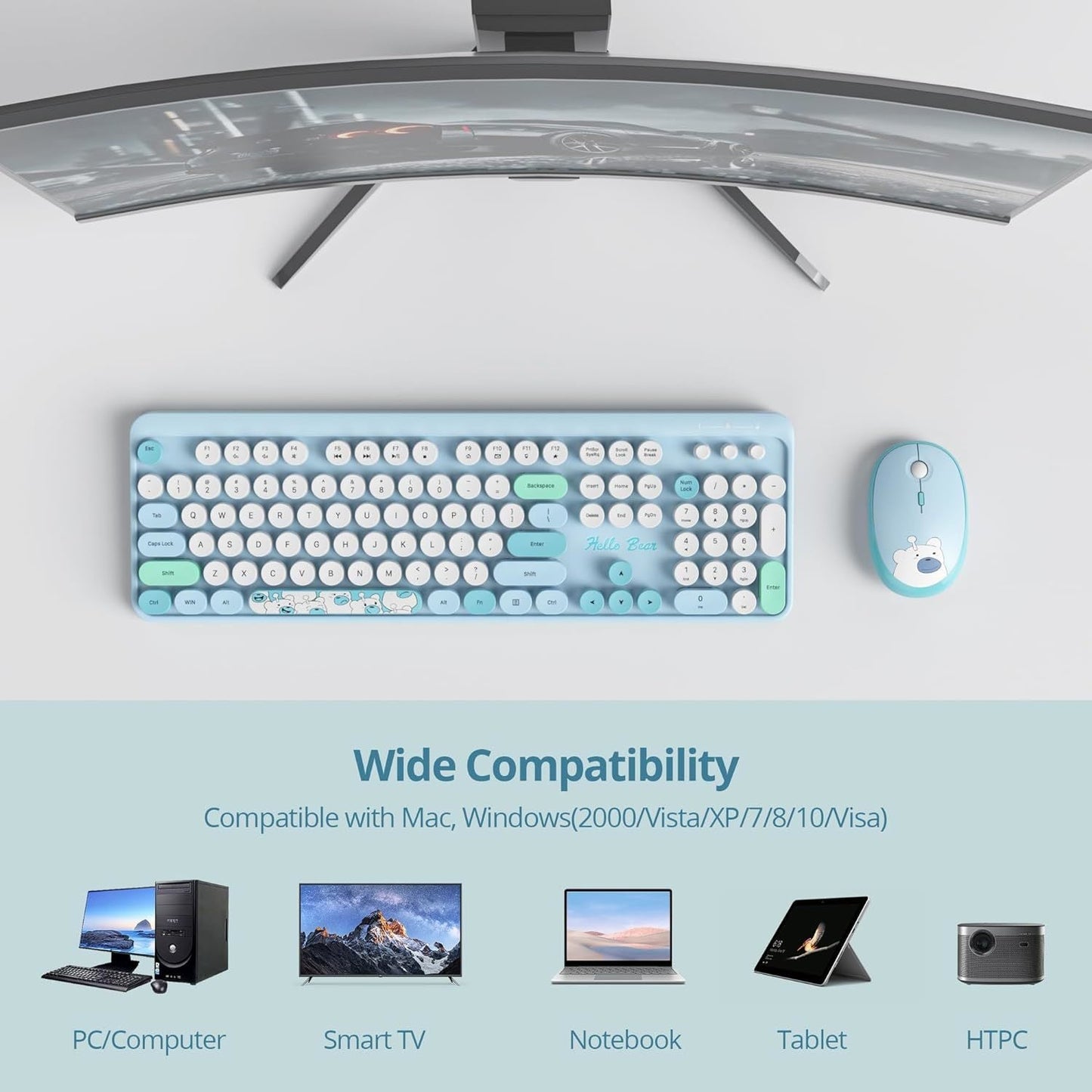 Anymob Bluetooth Keyboard And Mouse Set Blue Full Size Quiet Clicks