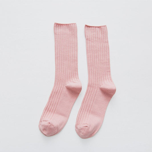 Anysox 5 Pairs One Size 36-43 Pink Retro Long Knitted Socks Cotton Autumn Winter Solid Color Women Student Girls