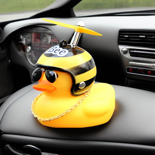 Anypack Car Ornaments Yellow Duck with Bee Propeller Helmet Gold Chain