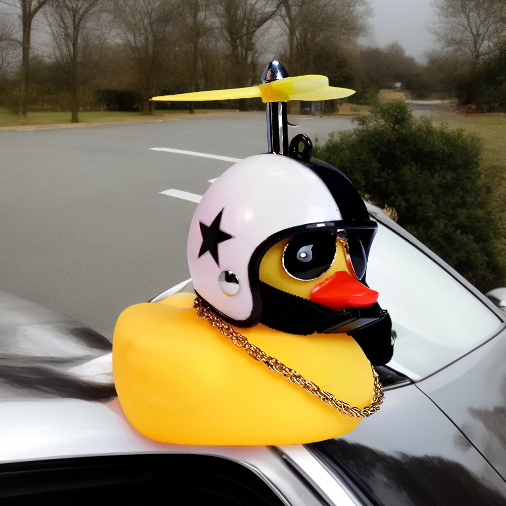 Anypack Car Ornaments Yellow Duck with Black Star Propeller Helmet Gold Chain