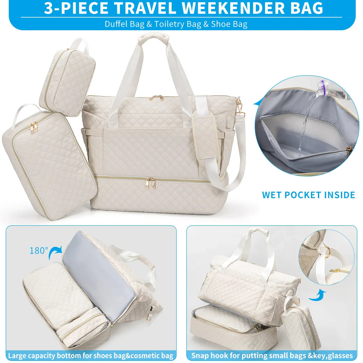 Anymom Mommy Diaper Bag White Handbag 3 pcs Set with Pockets