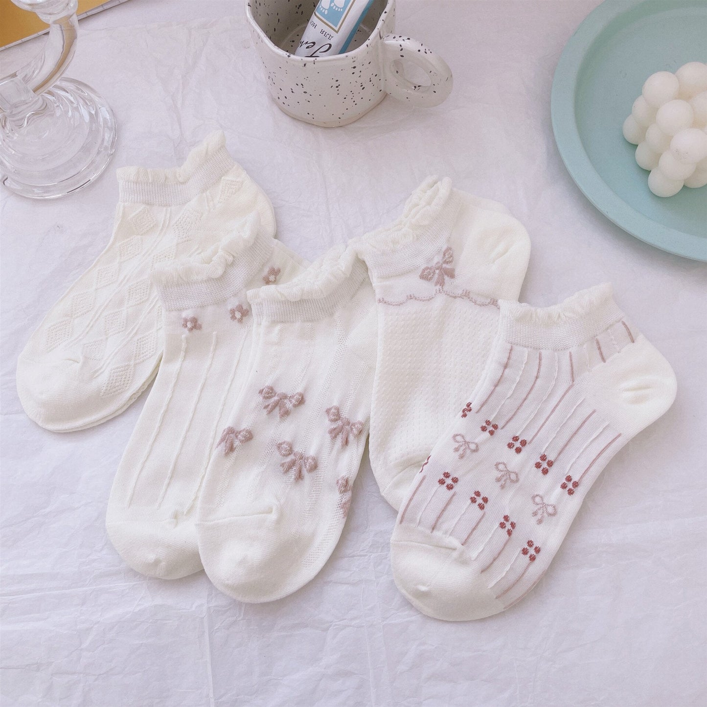 Anysox 5 Pairs One Size 35-40 Summer Short Boat Invisible Chaussette Diamond Wave Ribbon Flower Print Cotton Ankle  Breathable Women Random Socks