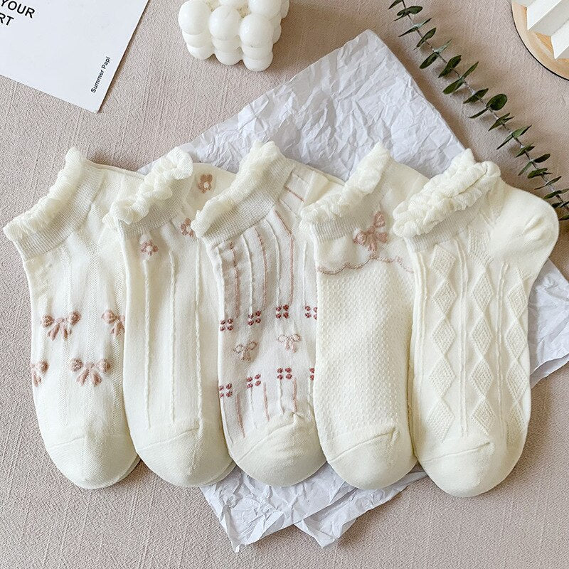 Anysox 5 Pairs One Size 35-40 Summer Short Boat Invisible Chaussette Diamond Wave Ribbon Flower Print Cotton Ankle  Breathable Women Random Socks