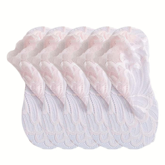 Anysox 5 Pairs One Size 4-5 Light Peach Ankle Socks With Lace Peacock Flower Design