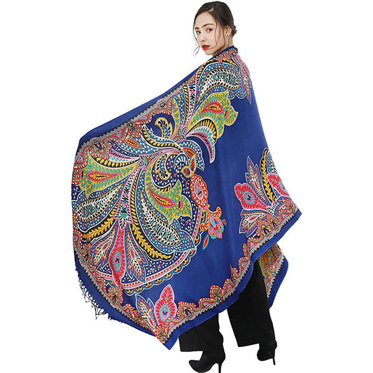 Anyyou 100% Merino Wool Royal Blue Silk Satin Scarf  for Women