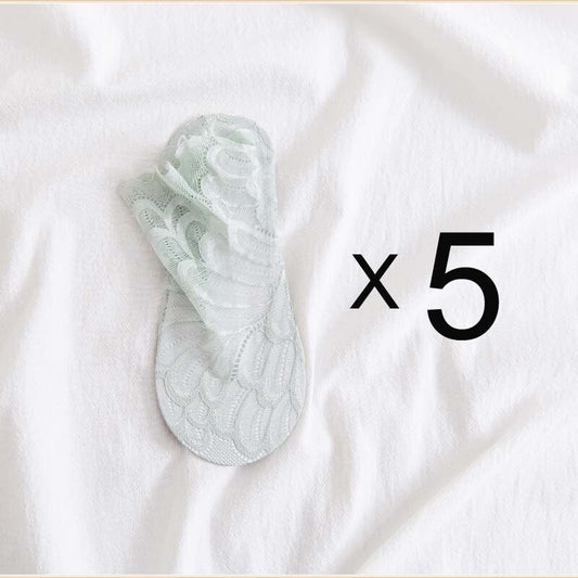 Anysox 5 Pairs One Size 4-5 Light Green Ankle Socks With Lace Peacock Flower Design
