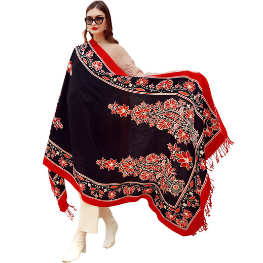 Anyyou 100% Merino Wool Black Red Neck Wrap Silk Satin Scarf for Women