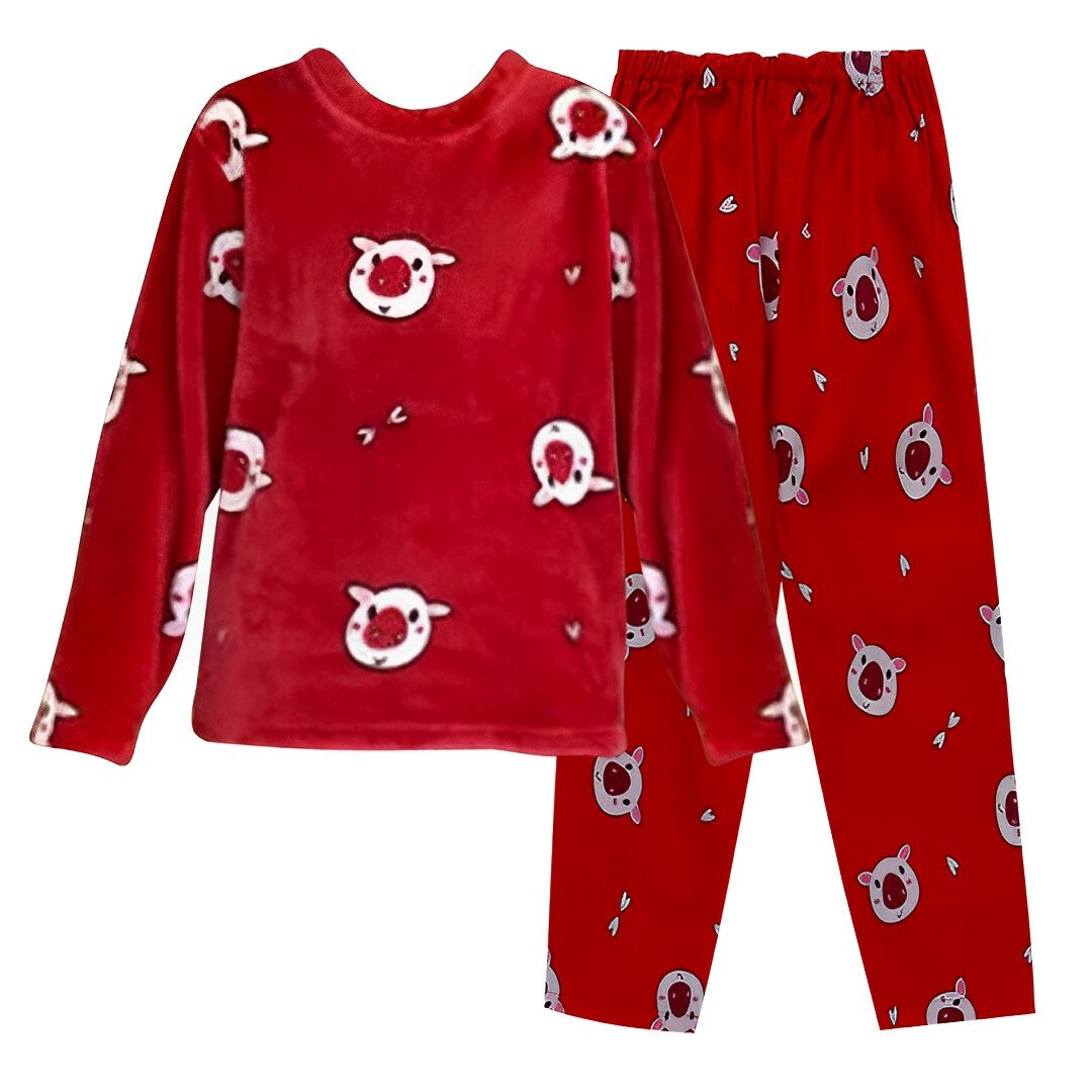 Anychic Pajama Set Red Large Winter Long Sleeved Thickened Coral Velvet Warmth Female Homewear Suit