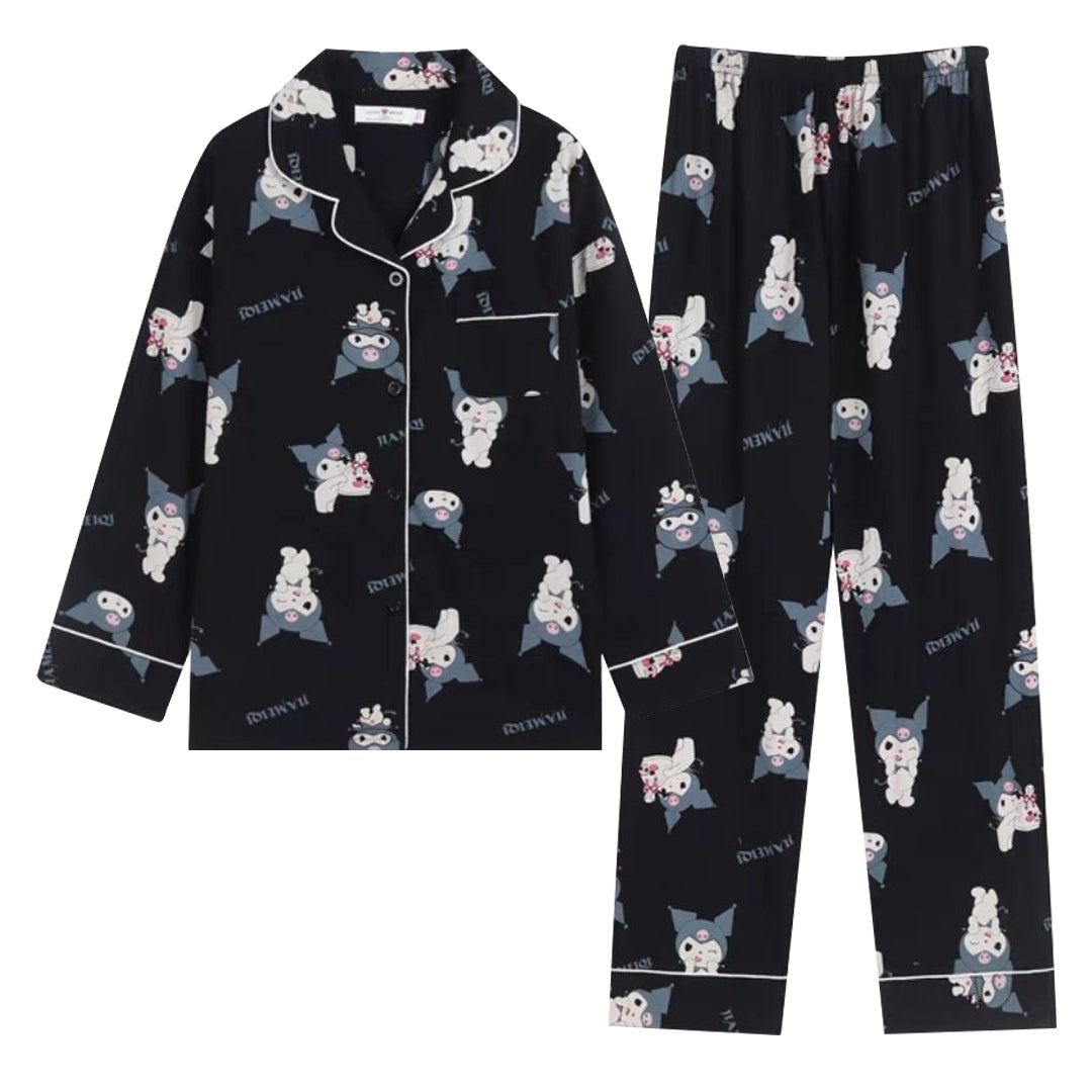 Anychic Pajama Set Black Large Cute Cartoon Soft Long Sleeve Comfortable Loose Women Homewear Suit
