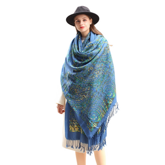 Anyyou 100% Merino Wool French Blue Silk Satin Scarf for Women