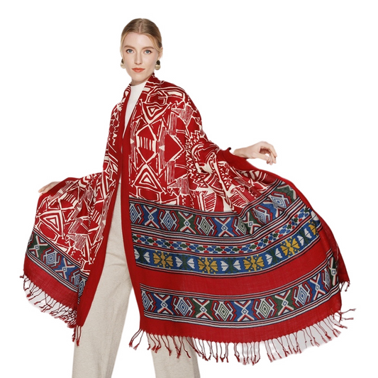 Anyyou 100% Merino Wool Red Aztec Chic Silk Satin Scarf for Women