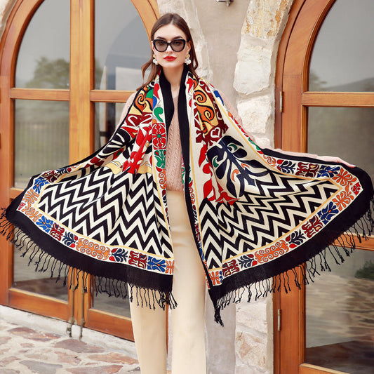 Anyyou 100% Merino Wool Black Beige Garden Neck Wrap Silk Satin Scarf for Women