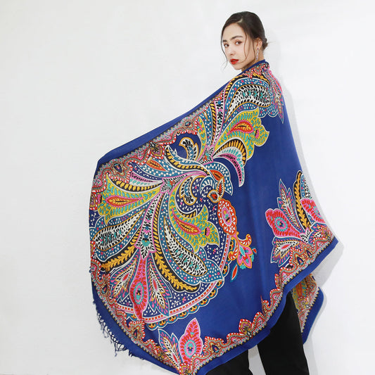 Anyyou 100% Merino Wool Royal Blue Silk Satin Scarf  for Women