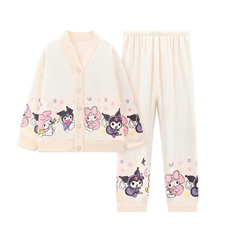 Anychic Pajama Set White Pink Bunny Large Thickened Coral Cardigan Nightwear Cartoon Flannel Home Wear Outworn Homewear Suit