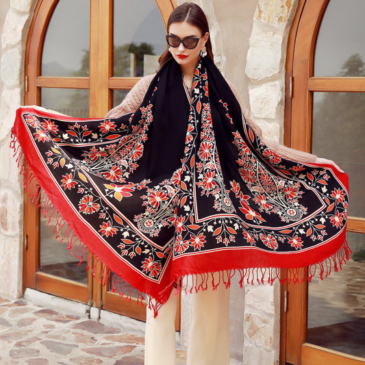 Anyyou 100% Merino Wool Black Red Neck Wrap Silk Satin Scarf for Women