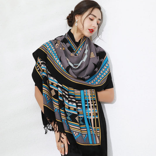 Anyyou 100% Merino Wool Grey and Triangles Neck Wrap Silk Satin Scarf for Women