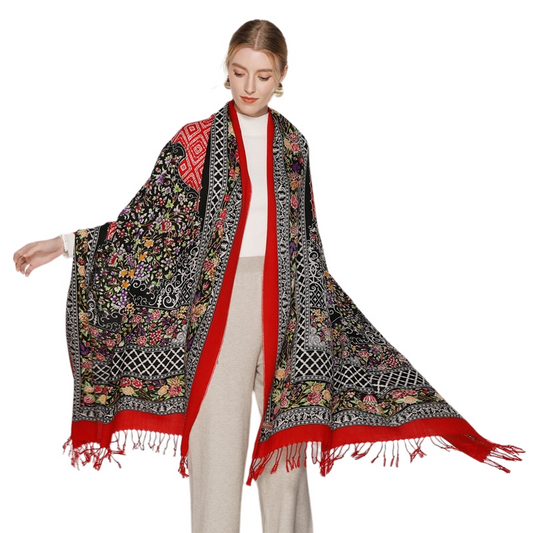 Anyyou 100% Merino Wool Red and Flower Frames Silk Satin Scarf for Women