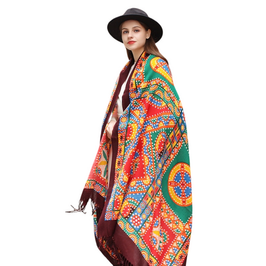Anyyou 100% Merino Wool Burgundy Tribal  Silk Satin Scarf for Women