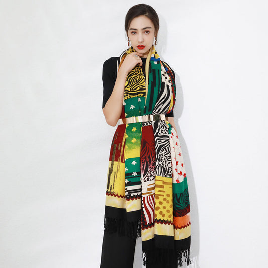 Anyyou 100% Merino Wool Yellow Multi Pattern Silk Satin Scarf for Women