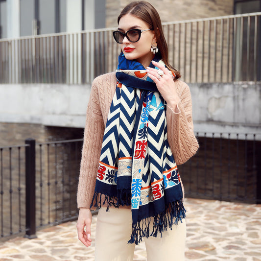 Anyyou 100% Merino Wool Blue Chevron Neck Wrap Silk Satin Scarf for Women