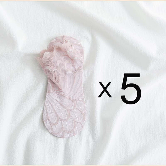Anysox 5 Pairs One Size 4-5 Light Brown Ankle Socks With Lace Peacock Flower Design