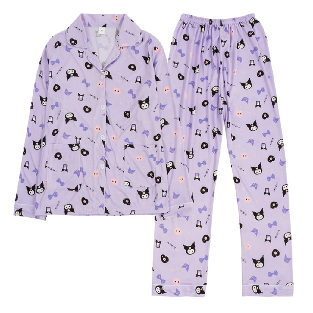 Anychic Pajama Set Purple Large Cute Cartoon Soft Long Sleeve Comfortable Loose Women Homewear Suit