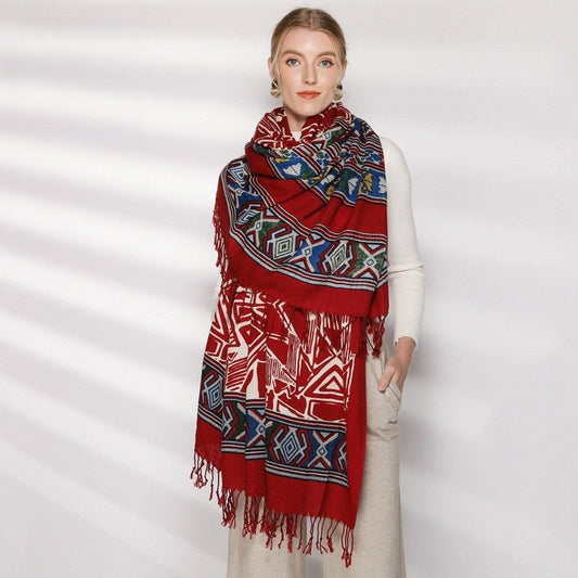 Anyyou 100% Merino Wool Red Aztec Chic Silk Satin Scarf for Women