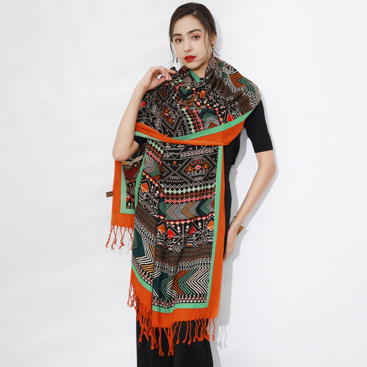 Anyyou 100% Merino Wool Orange and Patterns Neck Wrap Silk Satin Scarf for Women