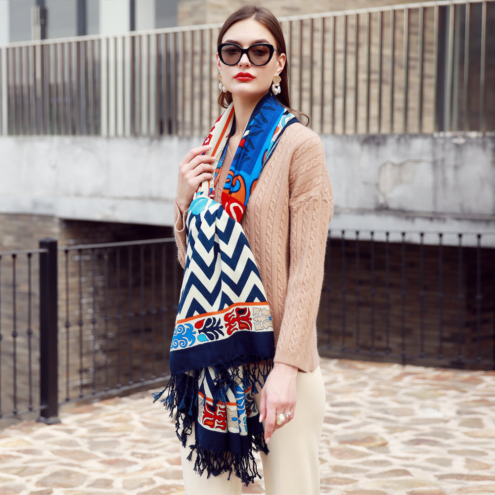 Anyyou 100% Merino Wool Blue Chevron Neck Wrap Silk Satin Scarf for Women