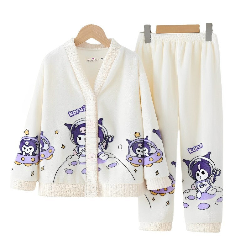 Anychic Pajama Set White Purple Bunny Large Thickened Coral Cardigan Nightwear Cartoon Flannel Home Wear Outworn Homewear Suit