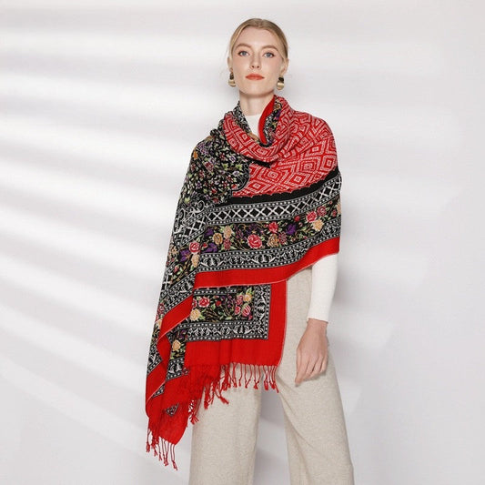 Anyyou 100% Merino Wool Red and Flower Frames Silk Satin Scarf for Women