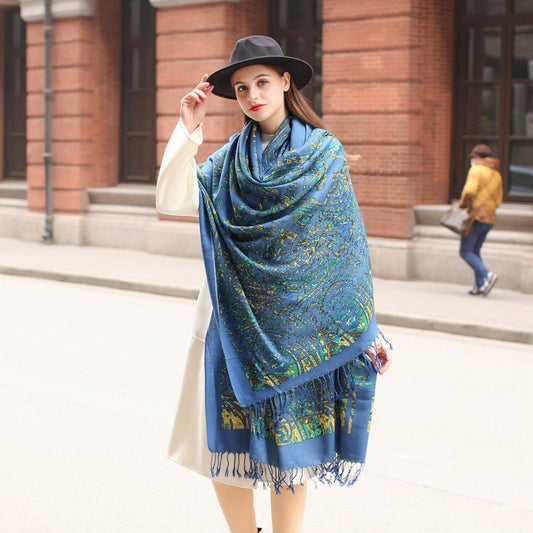 Anyyou 100% Merino Wool French Blue Silk Satin Scarf for Women