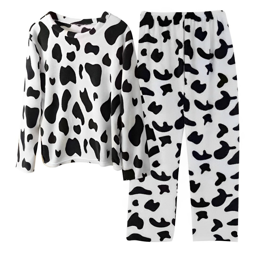 Anychic Pajama Set White Cow Large Winter Long Sleeved Thickened Coral Velvet Warmth Female Homewear Suit