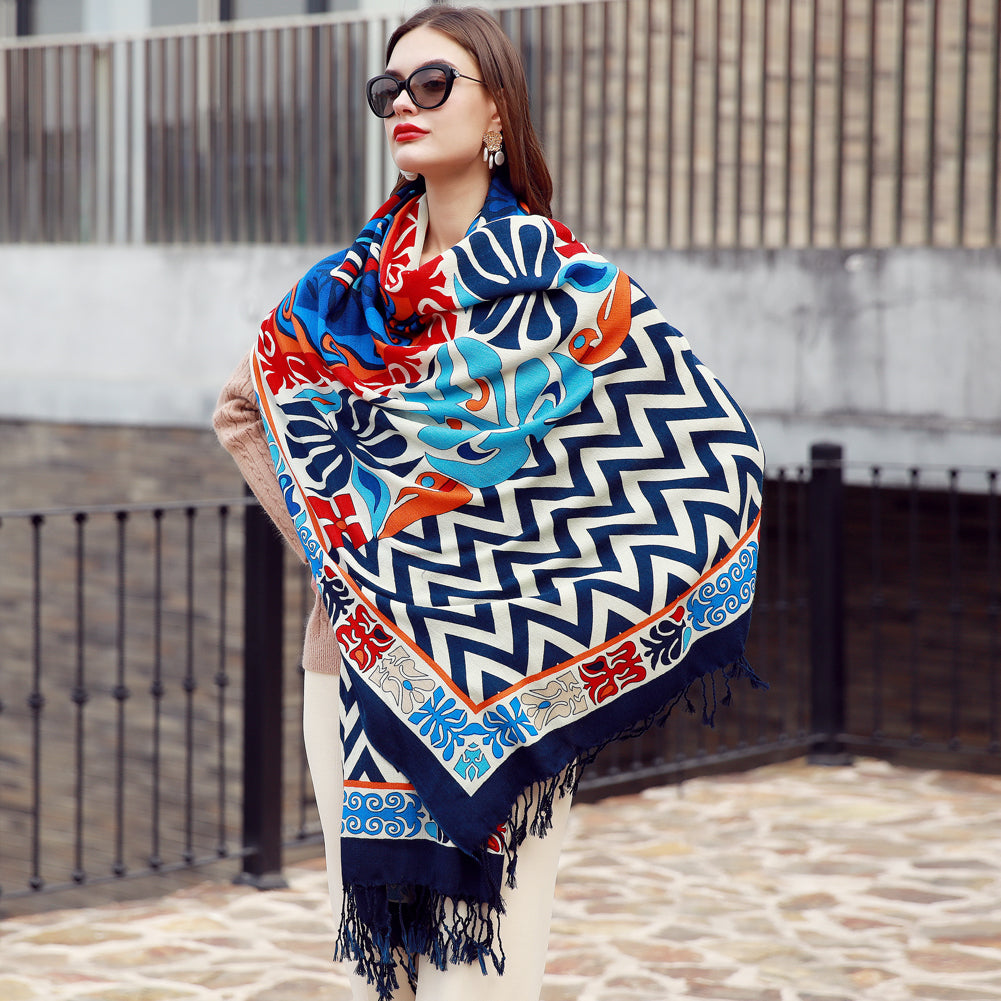 Anyyou 100% Merino Wool Blue Chevron Neck Wrap Silk Satin Scarf for Women