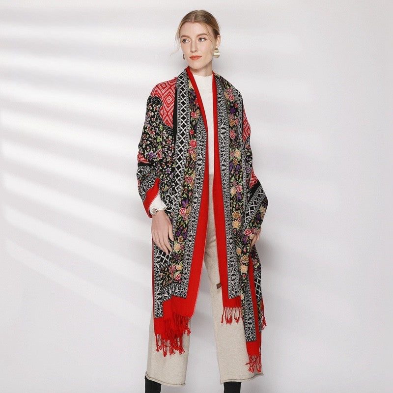 Anyyou 100% Merino Wool Red and Flower Frames Silk Satin Scarf for Women