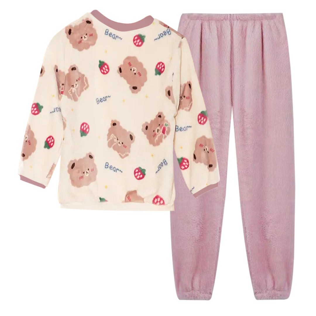 Anychic Pajama Set Pink Strawberry Large Winter Long Sleeved Thickened Coral Velvet Warmth Female Homewear Suit