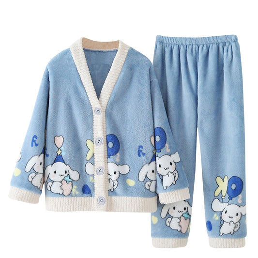 Anychic Pajama Set Blue Bunny Large Thickened Coral Cardigan Nightwear Cartoon Flannel Home Wear Outworn Homewear Suit