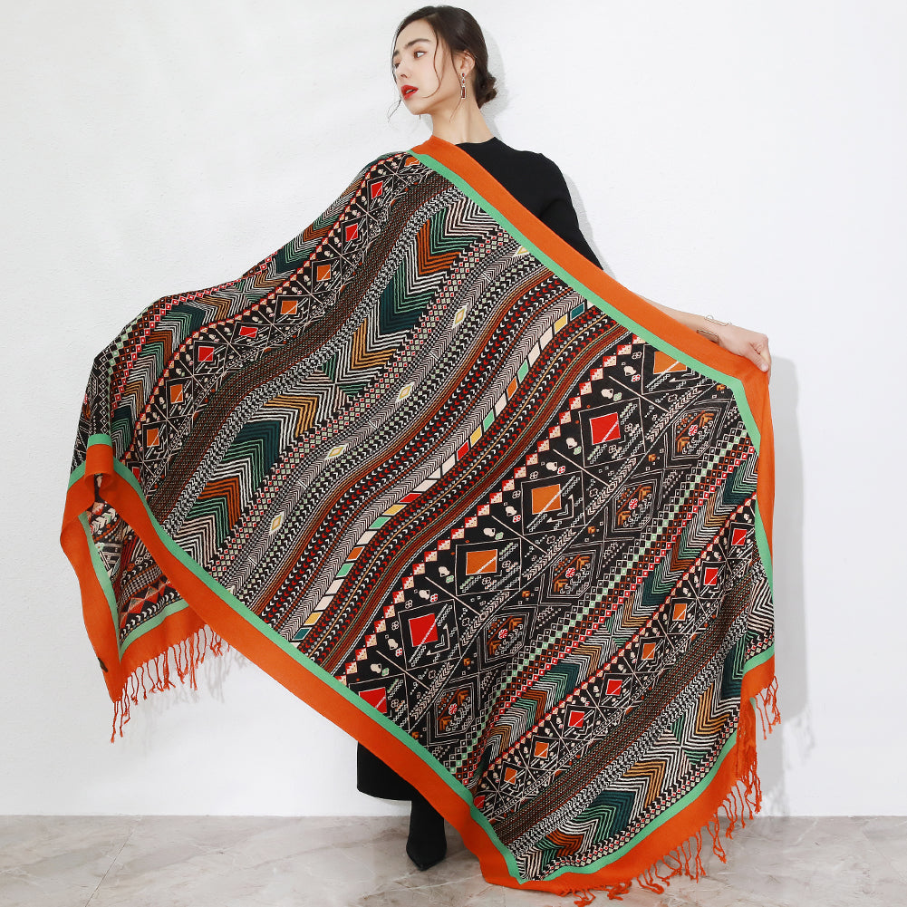 Anyyou 100% Merino Wool Orange and Patterns Neck Wrap Silk Satin Scarf for Women