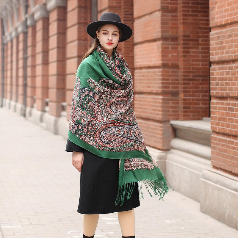 Anyyou 100% Merino Wool Patterns and Greens Silk Satin Scarf for Women
