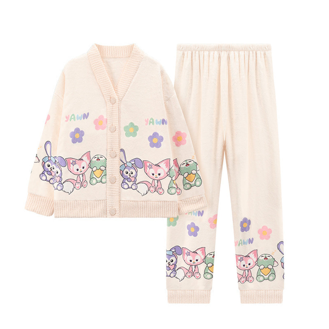 Anychic Pajama Set White Floral  Large Thickened Coral Cardigan Nightwear Cartoon Flannel Home Wear Outworn Homewear Suit