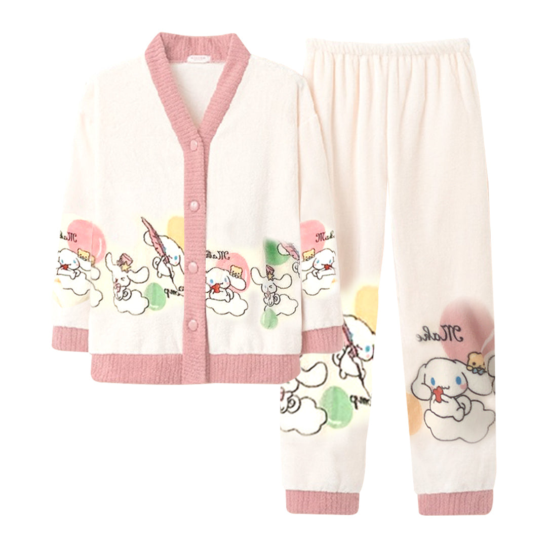 Anychic Pajama Set Pink White Bunny Large Thickened Coral Cardigan Nightwear Cartoon Flannel Home Wear Outworn Homewear Suit