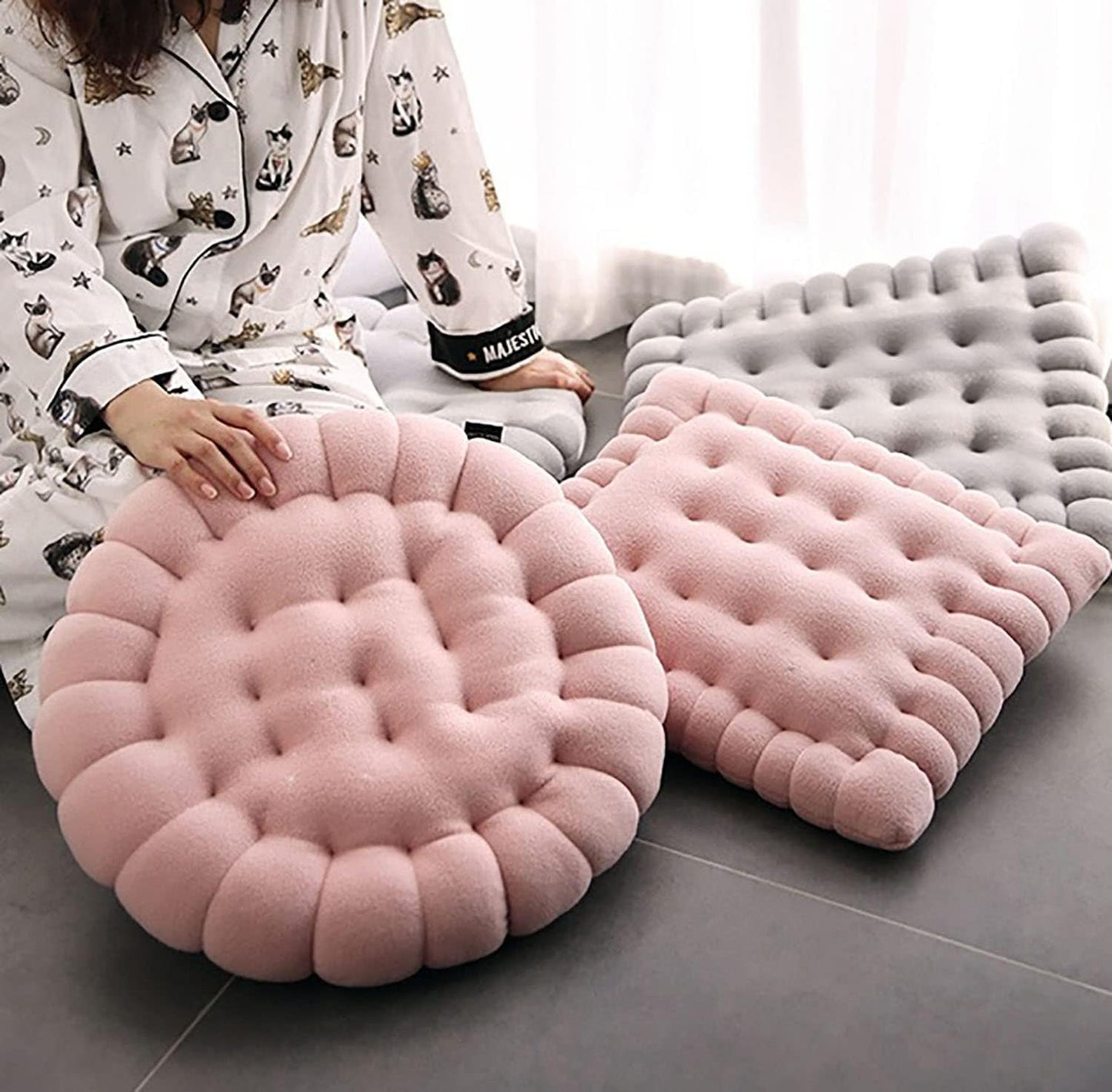 Anyseat Plush Pillow Gray Round Biscuit Shape Stuffed Soft Pillow Seat Cushion Room Decor