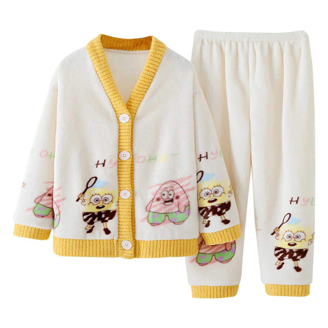 Anychic Pajama Set White Yellow Spongebob Large Thickened Coral Cardigan Nightwear Cartoon Flannel Home Wear Outworn Homewear Suit