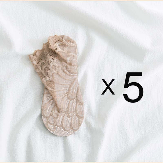 Anysox 5 Pairs One Size 4-5 Khaki Ankle Socks With Lace Peacock Flower Design