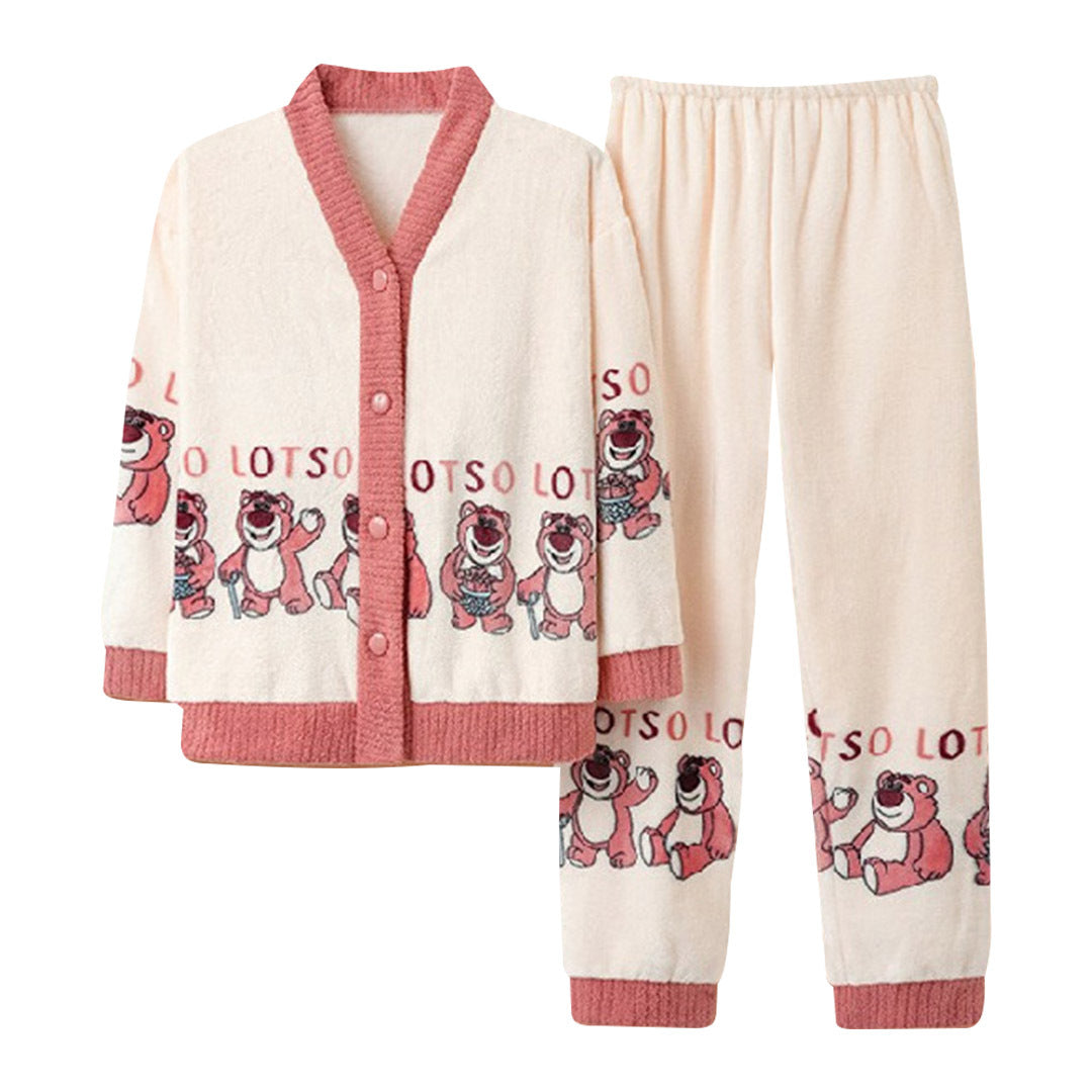 Anychic Pajama Set White Pink Bear Large Thickened Coral Cardigan Nightwear Cartoon Flannel Home Wear Outworn Homewear Suit