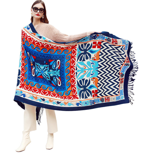 Anyyou 100% Merino Wool Blue Chevron Neck Wrap Silk Satin Scarf for Women