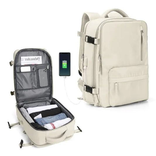 Anypack Backpack Beige Bag Large Capacity USB Charging School Luggage