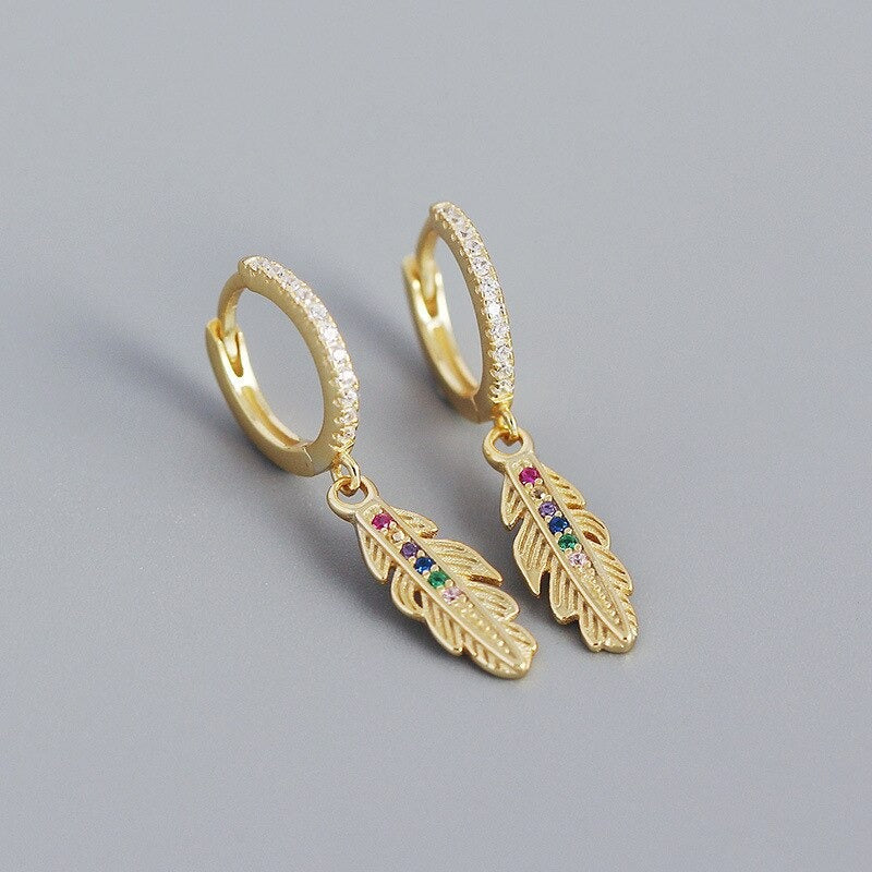 Anyco Earrings Luxury Zircon Feather Pendant Gold Drop Fashion